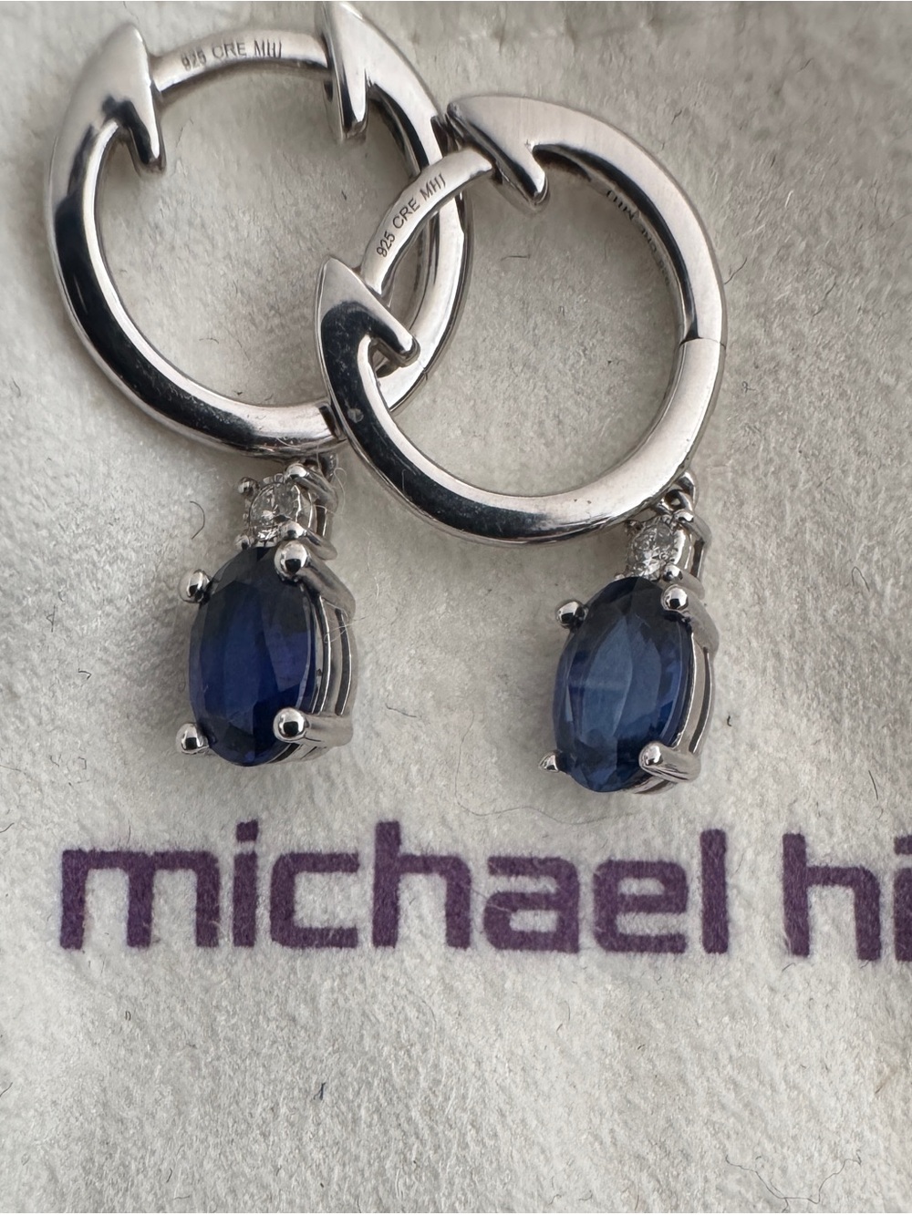 Michael Hill Sterling Silver Hoop Earrings with Dark Blue Sapphire Drops
